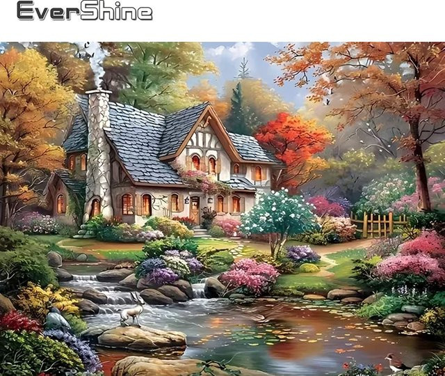 EverShine Diamant-Stickerei Hausbild Landschaft als Acryl-Mosaik Set in Mehrfarbig, B/H: 30 x 30 cm - Bild 1