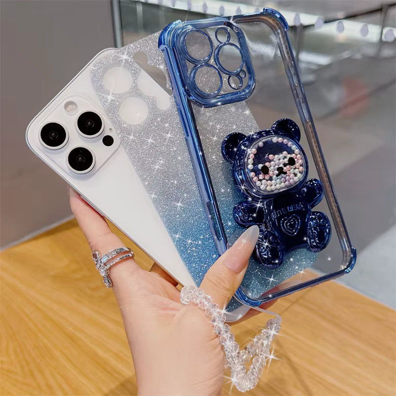 Stoßfeste Handyhülle mit 3D-Bärenständer und Glitzer sowie Kristallketten-Lanyard für Realme 7, 5G, Narzo 30 Pro in Pink - Bild 2