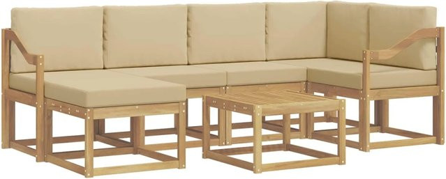 vidaXL Outdoor-Sofagarnitur 7-teilig aus Akazien-Massivholz in Weiß und Beige mit L-Form, Couchtisch und Ottomanen - Bild 1