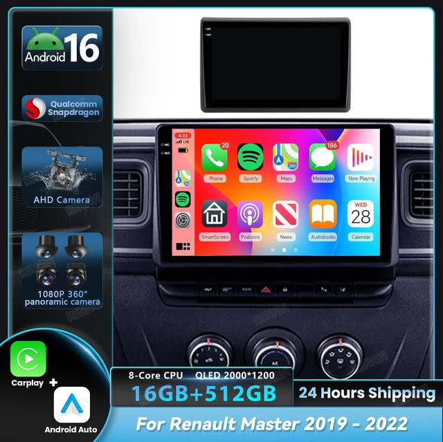 RSNAVI Android 16 Autoradio mit Navigation und Videoplayer für Renault Master 2019 bis 2022, Farbe: Schwarz, mit WIFI, Bluetooth und 360 Kamera Unterstützung - Bild 1