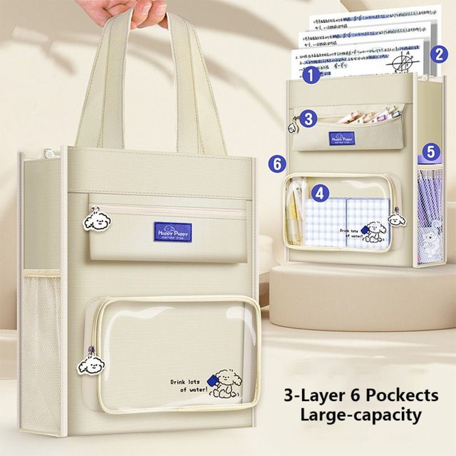 Beige Leinwand-Schultasche mit 6 Taschen und 3 Lagen für A3 Dokumente - Bild 1