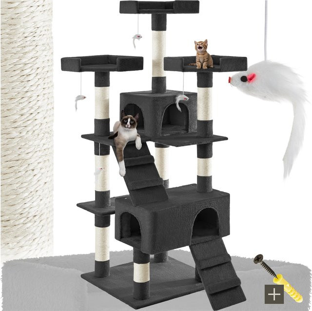 tectake Kratzbaum Barney Schwarz mit Sisal, 2 Katzenhäusern, 2 Treppen und integriertem Spielzeug, H x B x T: 170 x 70 x 54 cm - Bild 1