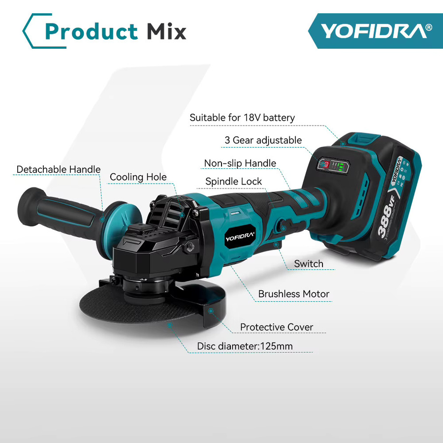 YOFIDRA 2-in-1 kabelloser bürstenloser elektrischer Winkelschleifer mit 3 Gängen und Poliermaschine, kompatibel mit Makita LXT Akku, Durchmesser: 125 mm - Bild 3