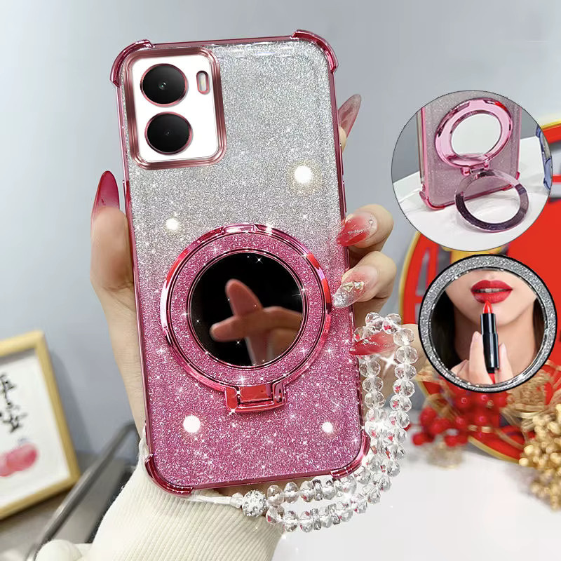 Stoßfeste Handyhülle mit Glitzer, Spiegelständer und Perlenband für Oppo Realme 14 T 5G in Pink - Bild 1