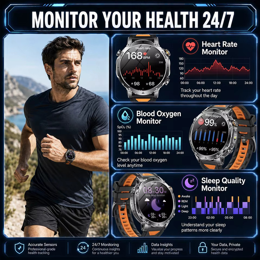 GUHUAVMI T-REX PRO Wander-GPS-Smartwatch für Herren mit 1,7 Zoll HD-Display, 10ATM Wasserdicht, Dual SOS LED-Taschenlampe und Bluetooth-Anruffunktion, Schwarz - Bild 6