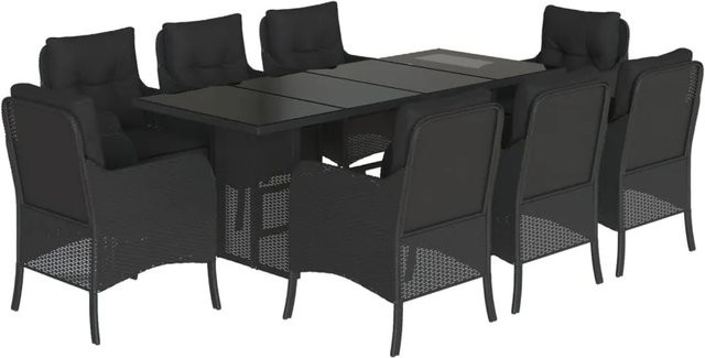 vidaXL 9-teilige Garten-Essgruppe aus Poly Rattan in Schwarz mit Kissen und Hartglas-Tischplatte - Bild 1