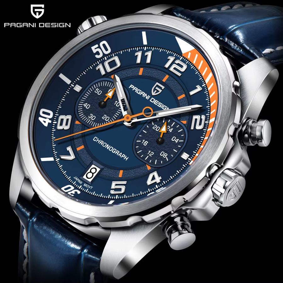 PAGANI DESIGN Chronograph, Quarz, Edelstahl, Leder, 44 mm, Herren, Grün - Bild 2