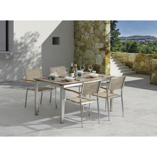 Acamp Loungemöbel-Gruppe Skye bestehend aus 6 Stapelsesseln und 1 Tisch in Braun und Sand mit Edelstahl und HPL-Laminat, Tisch B: 150 cm, T: 90 cm, H: 89 cm - Bild 3