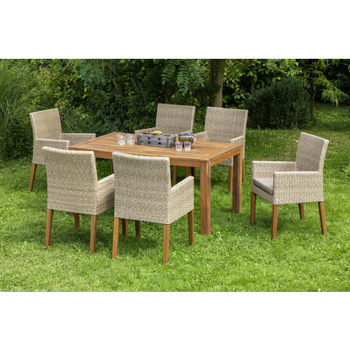 Merxx Ranzano Gartenmöbelset 7-teilig mit Ausziehtisch und 6 Sesseln aus Akazienholz und Kunststoffgeflecht in Beige und Braun - Bild 2