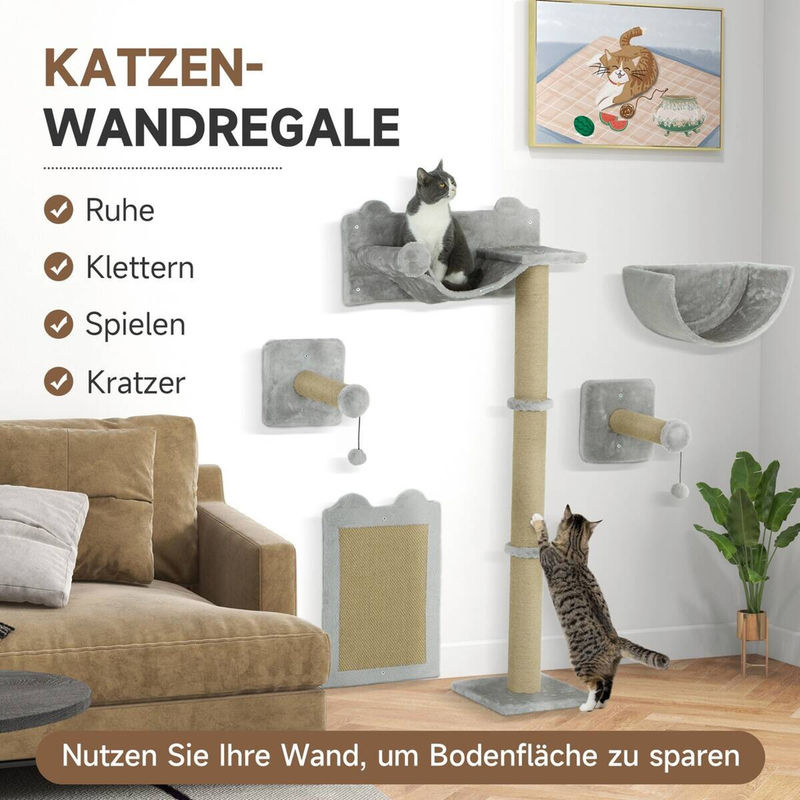 PawHut Katzen Kletterwand 5-teilig aus Polyester in Hellgrau mit Hängematte und integriertem Spielzeug für Katzen bis 5 kg - Bild 3