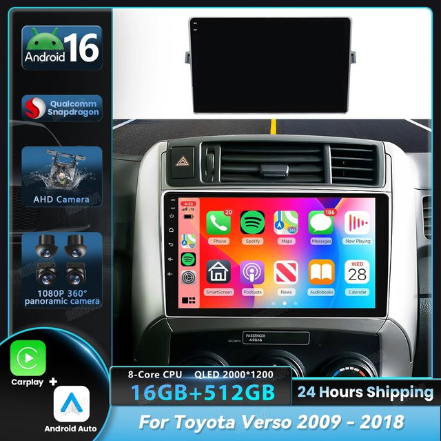 RSNAVI Android 16 Autoradio Navigations-Multimedia-Player für Toyota Verso 2009 bis 2018 mit Qualcomm Snapdragon Prozessor, Carplay und DSP Stereo in Schwarz - Bild 1