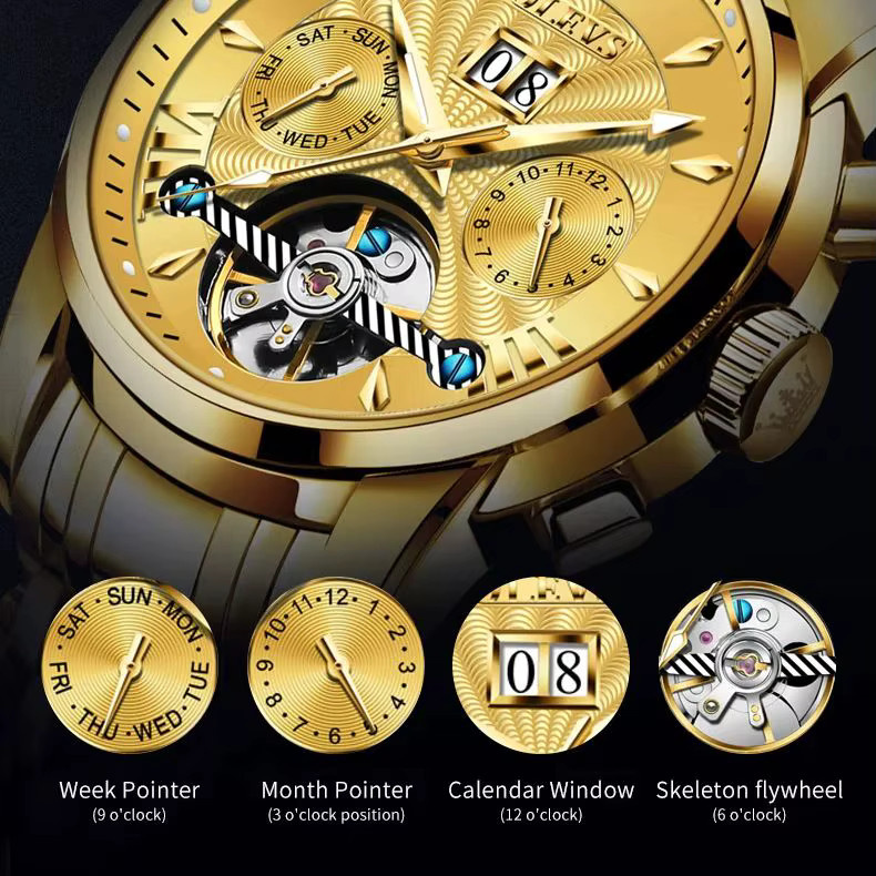 OLEVS Armbanduhr, Automatik, Edelstahl, Gold, Herren, Tag- und Datumsanzeige - Bild 4