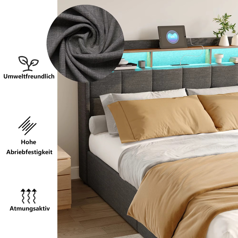 Roshanda Modernes Doppelbett mit 4 Schubladen und Polsterung aus Leinen, B/T/H: 140 x 200 cm, Grau/Beige - Bild 5