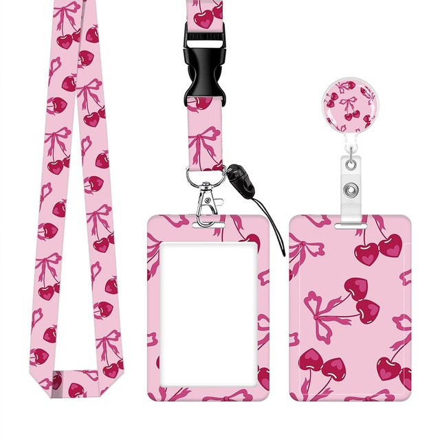 Schlüsselband mit Kirschmuster für Arbeitsausweise, verstellbar mit Sicherheitsclip-Kartenhalter und robuster Kunststoffrolle, Farbe: Pink - Bild 1