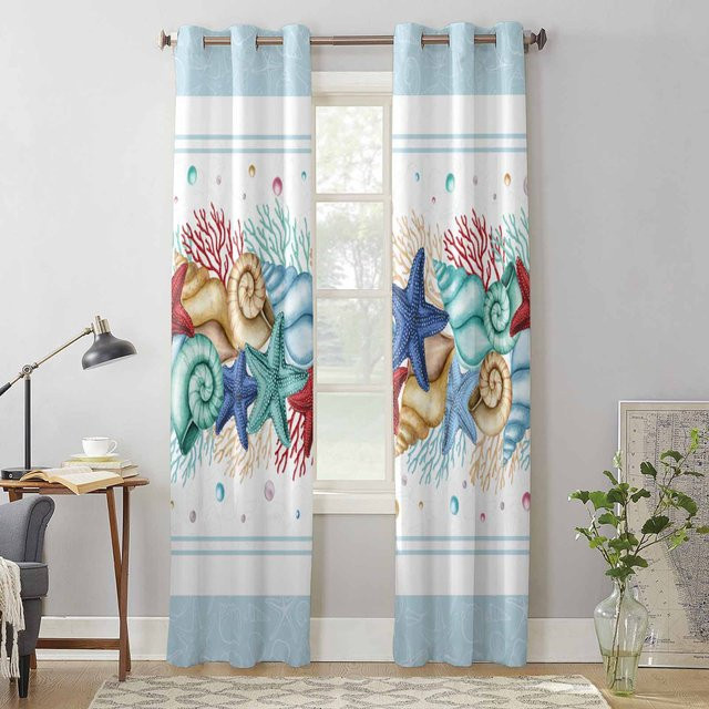Super Six Fenstervorhang mit Ozean-Motiv Seestern Muschel Korallen in Grau, B: 135 cm, H: 60 cm - Bild 1