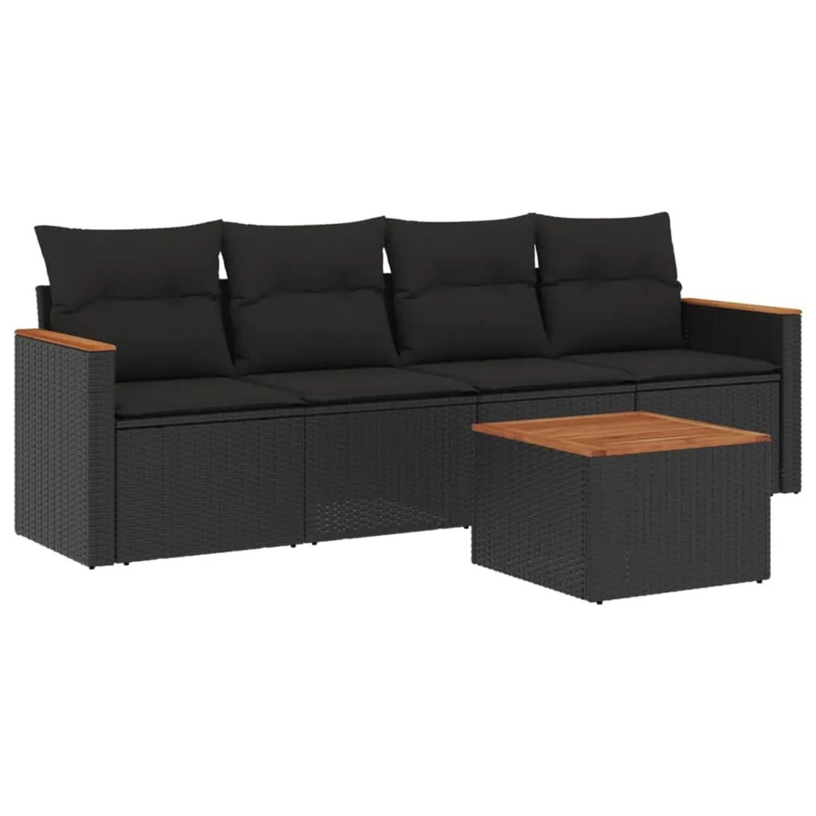 vidaXL 5-tlg Garten-Sofagarnitur aus Poly-Rattan und Akazienholz in Schwarz mit Kissen - Bild 2