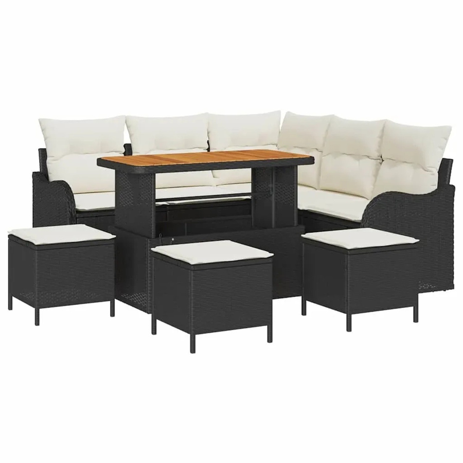 vidaXL Garten-Sofa-Set 9-teilig in Schwarz und Beige mit Polstern und L-Form aus Polyrattan und Metall - Bild 2