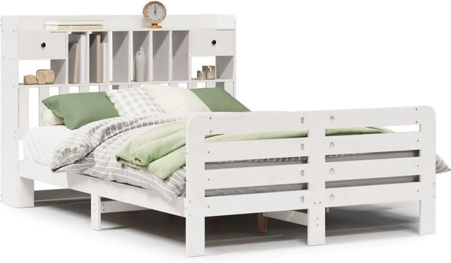 vidaXL Massivholzbett aus Kiefer mit Regal in Weiß, B/T/H: 160 x 200 x 110 cm - Bild 1