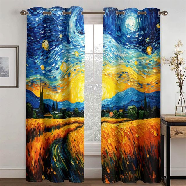 Van Goghs Traumland Pastorale Ölgemälde Vorhänge, 2er-Set, halbtransparent, mehrfarbig, Breite: 50 cm, Höhe: 160 cm - Bild 1