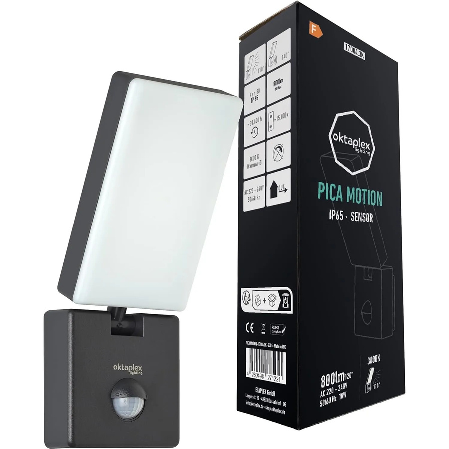 Oktaplex Pica LED Außenwandlampe mit Bewegungsmelder, 10W, 800lm, 3000K Warmweiß, IP65, Weiß - Bild 2
