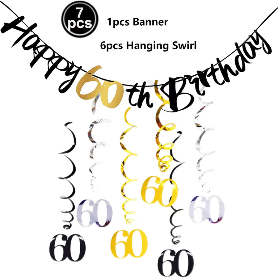 60. Geburtstag Party Set in Schwarz und Gold mit Ballons und dreieckigen Wimpelketten für Männer und Frauen - Bild 2