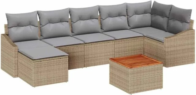 vidaXL Garten-Sofa-Set 8-teilig in Beige und Hellgrau, modernes L-Shape Poly-Rattan-Set mit Tisch, Hocker und Polstern aus Akazienholz und pulverbeschichtetem Stahl - Bild 1