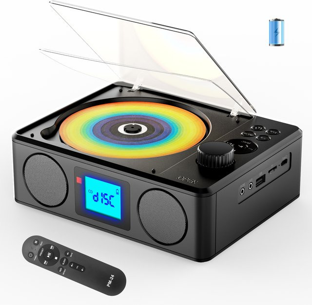 Kuephom Tragbarer CD-Player mit Bluetooth, FM-Radio und Fernbedienung, Schwarz, Akkubetrieb mit Bluetooth-Sender, MP3, USB und TF-Kartenslot sowie Sleep-Timer - Bild 1