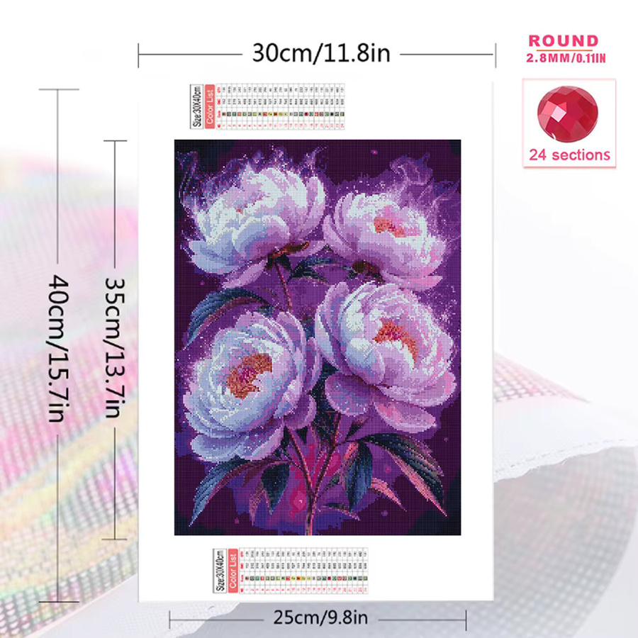 Momoart Diamant-Gemälde Pfingstrose als DIY-Kreuzstich-Set mit floralem Mosaik-Design, rund, Durchmesser: 30 cm - Bild 2