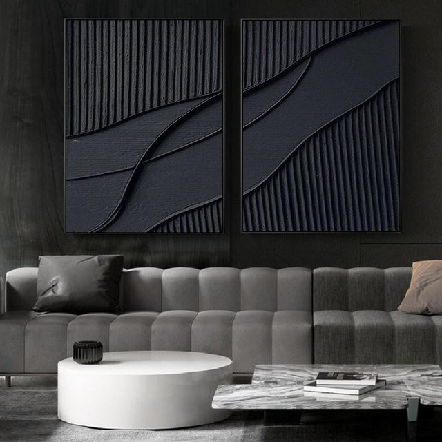 Minimalistische abstrakte Leinwandmalerei mit schwarzer Linie und 3D-Struktur in unregelmäßiger Form für deine Wanddekoration - Bild 1