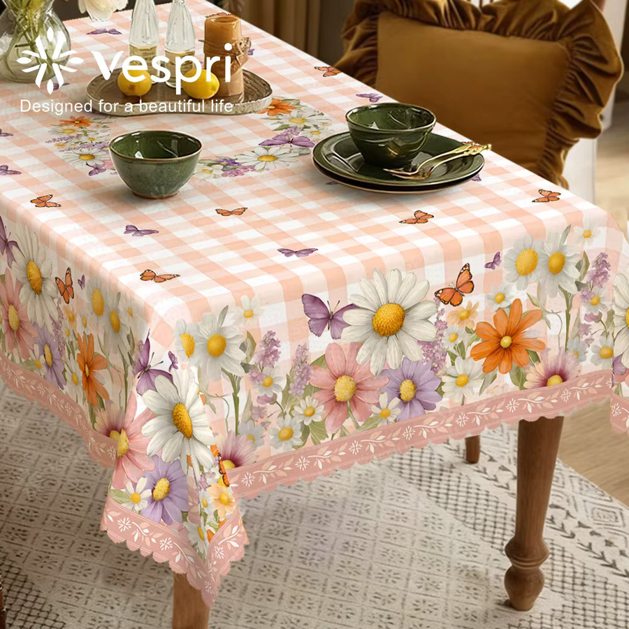 Vespri Tischdecke für Ostern und Frühling in Rosa Weiß mit Blumen und Schmetterlingen, kariertes Design aus Polyester, Rund, Durchmesser: 152,4 cm - Bild 4