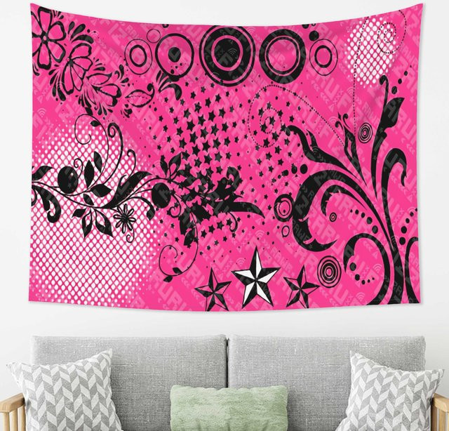 VIKAMA Y2K Millennium Style Wandteppich in Schwarz und Pink mit Graffiti-Druck und abstrakten Stern-, Blumen- und Wellenmotiven als dekoratives Hängetuch - Bild 1