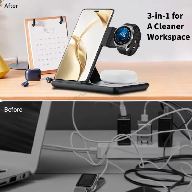 VIKEFON 3-in-1 Wireless Schnellladestation für Samsung Galaxy S24 S23, Galaxy Watch und Buds Pro in Schwarz und Pink - Bild 4