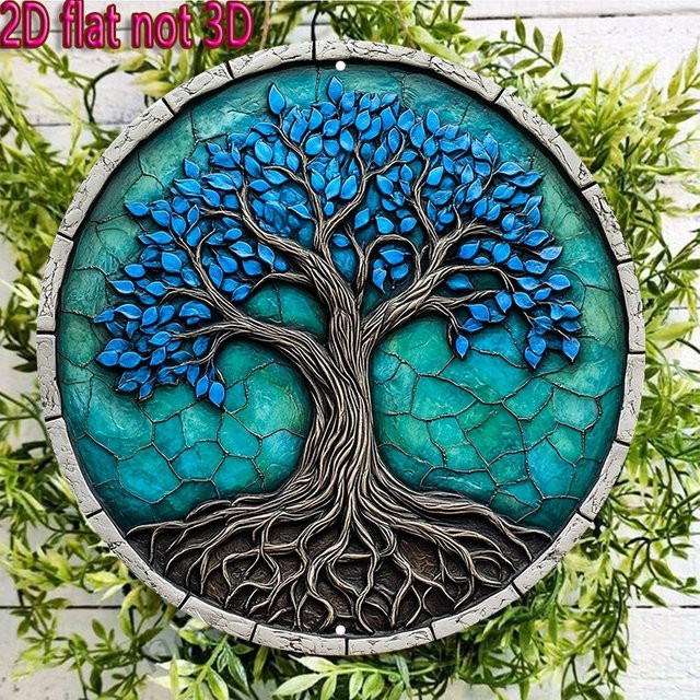 Rundes Mosaik-Wandschild Baum des Lebens von CIFBUY in Türkisblau aus Aluminium für Innen und Außen - Bild 1