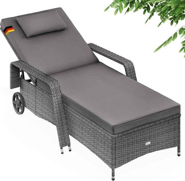 Casaria Polyrattan Gartenliege in Grau/Anthrazit mit verstellbarer Kopfstütze und Rollen, B/T/H: 193 x 90 x 43 cm - Bild 1