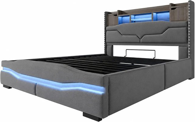 okwish Polsterbett Grau mit LED, USB-Anschluss und Hydraulik-Staufach, B/T/H: 160 x 200 x 111 cm - Bild 1