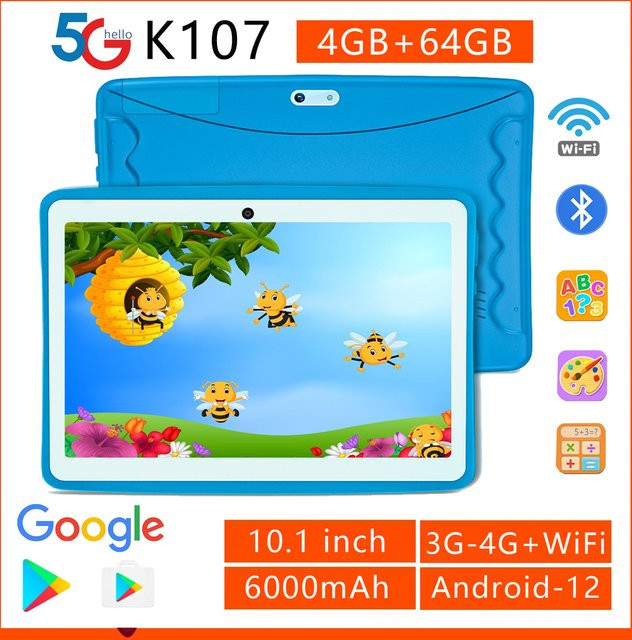 BDF Kinder Tablet mit Android 12, 10,1 Zoll Display, 4 GB RAM und 64 GB Speicher, Wifi und 3G Sim Karte, in Pink oder Blau - Bild 1