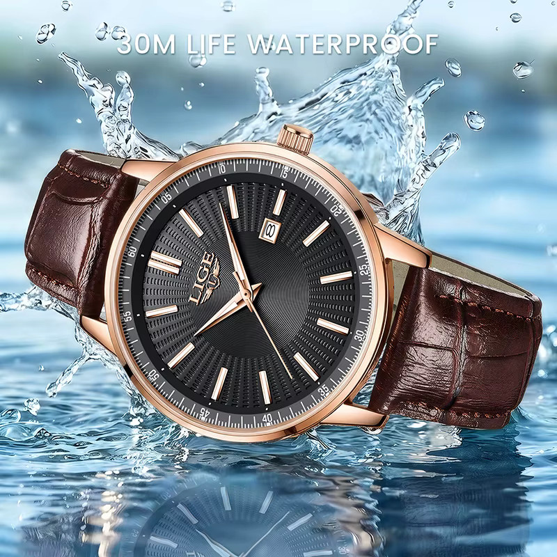 LIGE Armbanduhr Chronograph, Quarz, Leder, Schwarz, Roségold, Herren - Bild 2