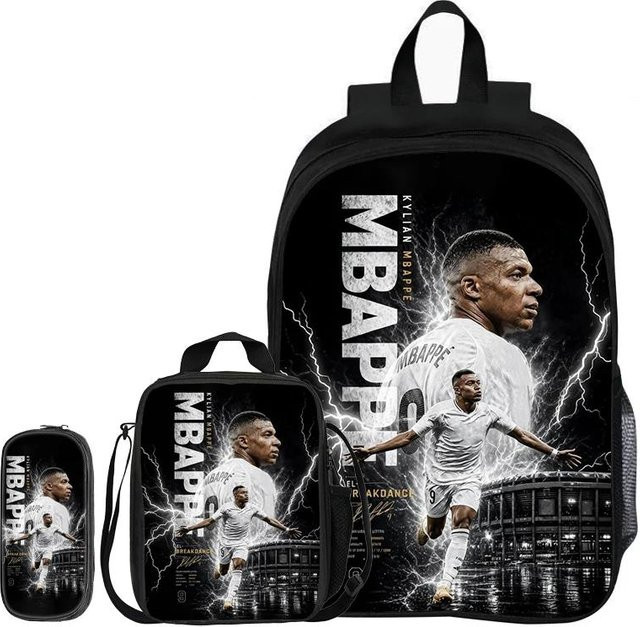 3-teiliges Schulset von Fancy Style Studio mit Rucksack, Federmäppchen, Buchtasche und Brotdose im Fußballstar Design, Farbe: Schwarz - Bild 1