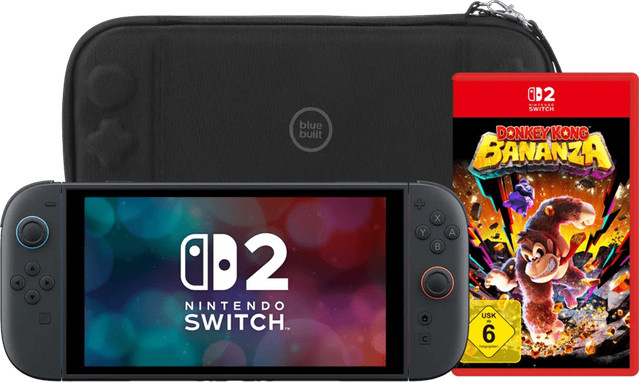 Nintendo Switch 2 Handheld Konsole mit Donkey Kong Bananza und BlueBuilt Schutzhülle in Blau und Schwarz - Bild 1