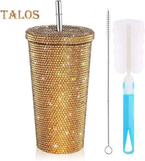 Daydreamer Glitzerbecher mit Pinsel, goldgelber Thermobecher aus Edelstahl mit Strasssteinen, 750 ml - Bild 1