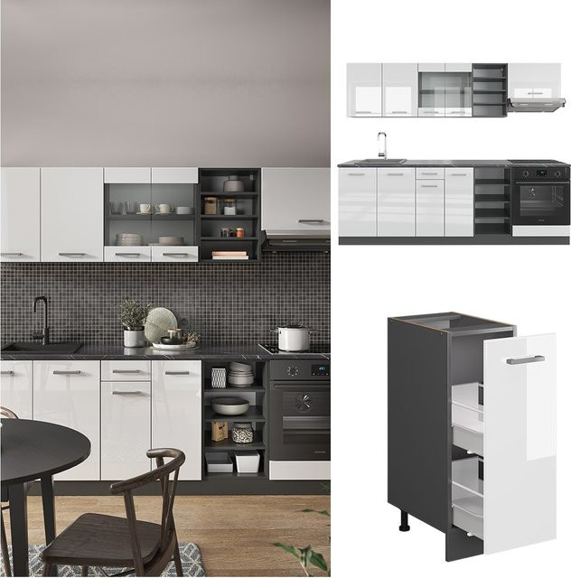 Vicco Küchenzeile R-Line Einbauküche in Weiß Hochglanz und Anthrazit, Breite: 240 cm - Bild 1