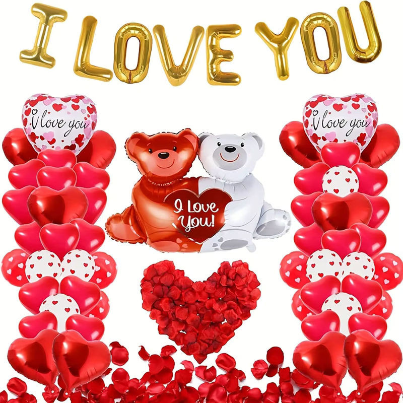 Romantisches Valentinstag-Dekorationsset mit I Love You Ballon, roten Kunstblumen und Herzen in Rot - Bild 1