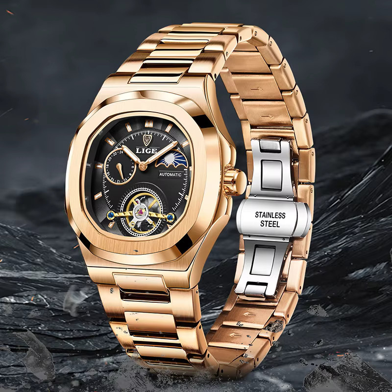 LIGE Armbanduhr Automatik, Edelstahl, Schwarz, Herren - Bild 2