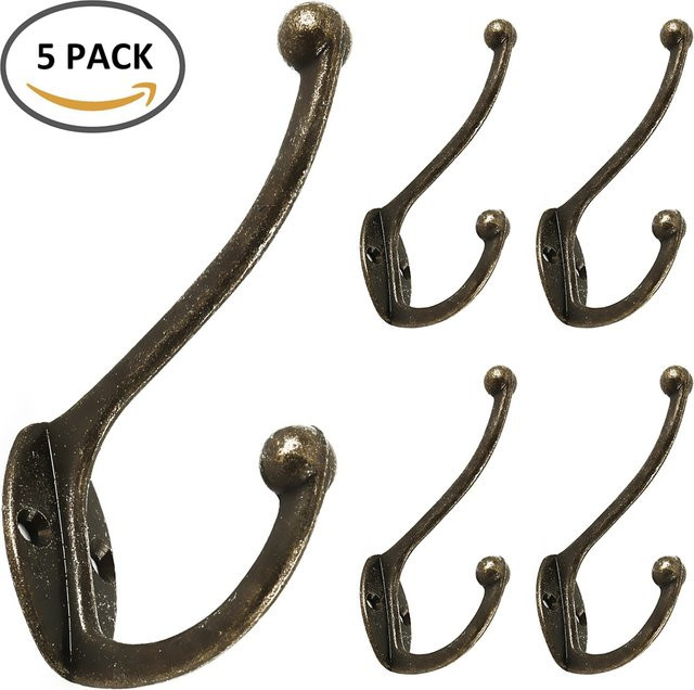 5er Set Everso Retro Wandhaken aus Metall in Gold, rutschfeste Doppelgarderobe für Mantel und Kleidung - Bild 1