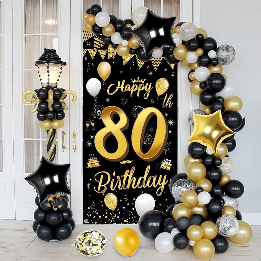 OURFETE Geburtstag Banner zum 80. Geburtstag in Schwarz-Gold mit Ballon-Konfetti-Muster, B: 180 cm, H: 90 cm - Bild 4