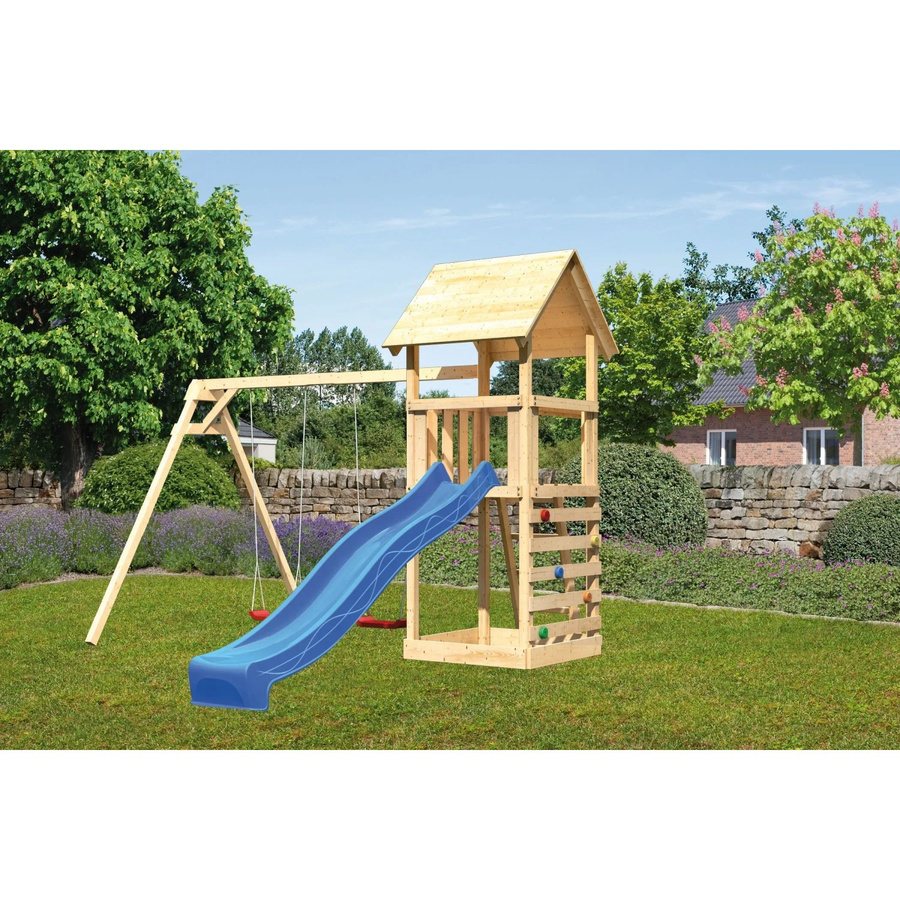 Karibu Spielturm Lotti mit Doppelschaukel, Kletterwand und Rutsche in Blau - Bild 2