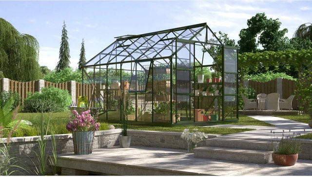 Vitavia Gewächshaus Jupiter 9900 Smaragd mit Fundament und Regenrinnen aus Aluminium und Sicherheitsglas mit 9,9 m² Anbaufläche - Bild 1