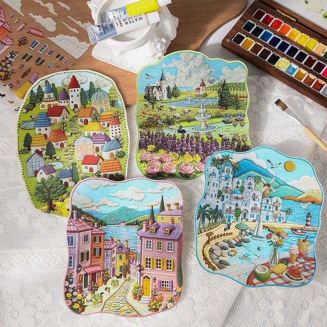 JIANQI Handgefertigte Scrapbooking Aufkleber im ländlichen Stil mit gestickter Landschaft, Multicolour, Bastelmaterial für Tagebuch und Album - Bild 1