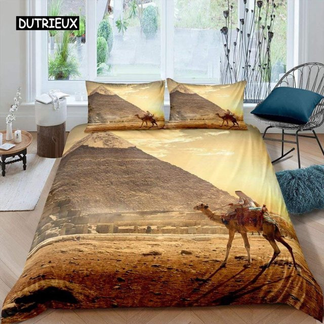 Vintage Bettwäsche-Set mit ägyptischem Pyramiden-Motiv und Wüstenszene, Polyester, B/H: 135 x 200 cm - Bild 1