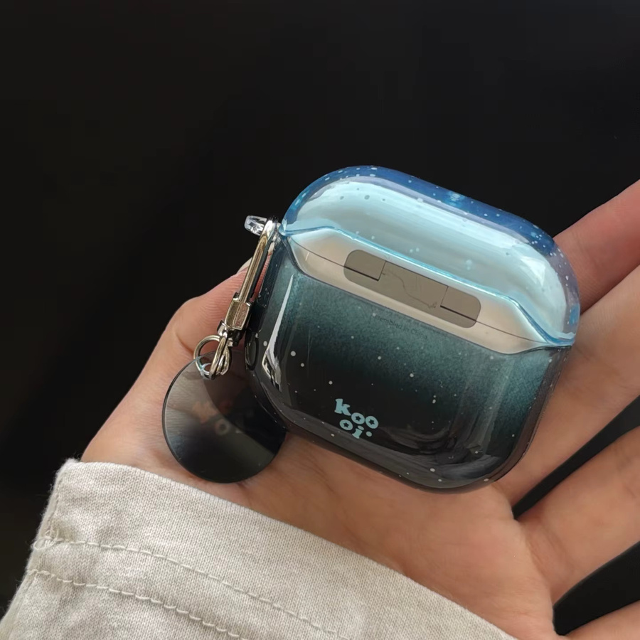 Transparente Kopfhörerhülle für Apple AirPods 1 2 3 4 Pro Pro2 Pro3 mit Ring im blau-schwarzen Wellenpunkt-Muster - Bild 2